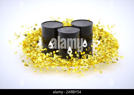 3d rendere immagine di barili di petrolio all'interno del cerchio di monete d'oro Foto Stock