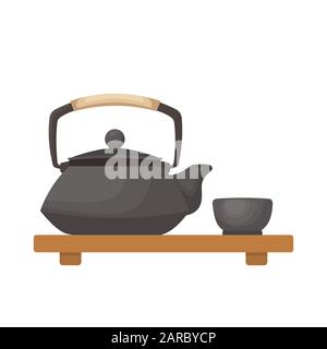 Cerimonia del tè giapponese. Teapot e una tazza sul vassoio di bambù Illustrazione Vettoriale
