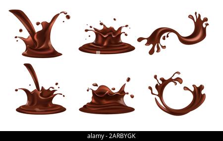 Schizzi di bevande al cioccolato e vorticose fuoriuscite in stile realistico Illustrazione Vettoriale