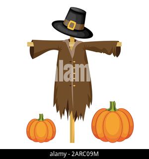 Scarecrow con berretto piligrim. Zucche intorno alla spaventapasseri. Illustrazione vettoriale per giorno di ringraziamento. Illustrazione Vettoriale