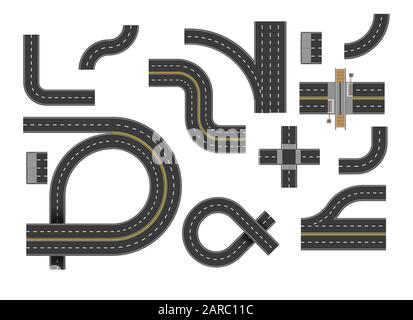 Serie di curve stradali e curve autostradali con vista dall'alto Illustrazione Vettoriale