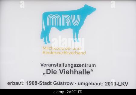 27 gennaio 2020, Mecklenburg-Vorpommern, Güstrow: Il logo della Milchkontoll-und Rinderzuchtverband (MRV) è esposto alla Giornata Dei Dairy Farmers della Bundesverband Deutscher Milchviehhalter (BDM). La situazione degli allevatori di latte nel Mecklenburg-Pomerania occidentale rimane precaria secondo la MRV (Milk Control and Cattle Breeding Association). Il prezzo del latte di 31 centesimi al kg è attualmente troppo basso. Foto: Stefan Sauer/Dpa Foto Stock