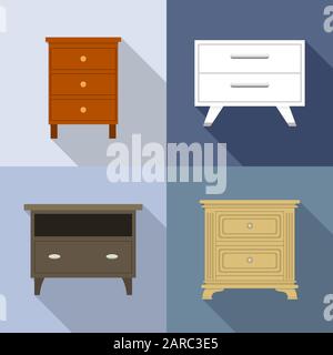 Set di icone per comodini, stile piatto Illustrazione Vettoriale