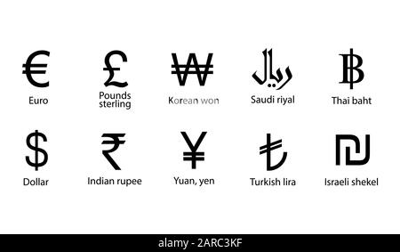 Divisa, insieme di icone. Illustrazione vettoriale, design piatto. Illustrazione Vettoriale