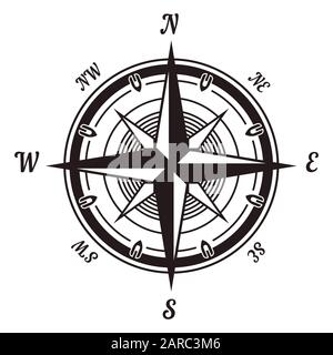 Icona grafica del dispositivo di navigazione bussola Wind Rose in stile vintage Illustrazione Vettoriale