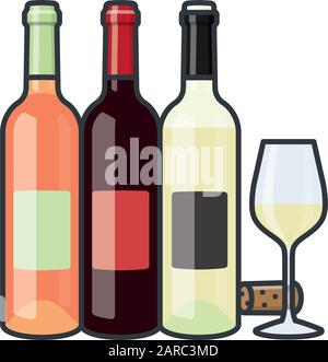 Rose, bottiglie di vino rosso e bianco e bicchiere di vino bianco illustrazione del vettore Per Bere la Giornata del vino il febbraio 18th. Simbolo di colore delle bevande isolate. Illustrazione Vettoriale