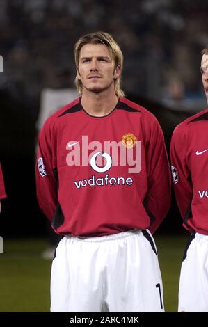 Torino Italia, 12 marzo 2003, Stadio "De Alpi", UEFA Champions League 2002/2003, FC Juventus- FC Manchester United: David Beckham prima della partita Foto Stock