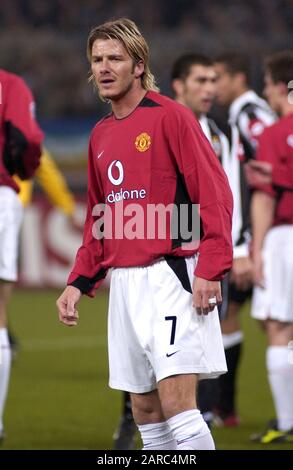 Torino Italia, 12 marzo 2003, Stadio "De Alpi", UEFA Champions League 2002/2003, FC Juventus- FC Manchester United: David Beckham durante la partita Foto Stock