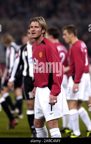 Torino Italia, 12 marzo 2003, Stadio "De Alpi", UEFA Champions League 2002/2003, FC Juventus- FC Manchester United: David Beckham durante la partita Foto Stock