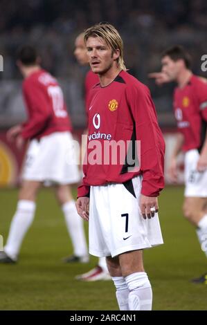 Torino Italia, 12 marzo 2003, Stadio "De Alpi", UEFA Champions League 2002/2003, FC Juventus- FC Manchester United: David Beckham durante la partita Foto Stock