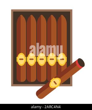 Scatola arrotolata di sigari da tabacco aperta con la banda del logo del produttore Illustrazione Vettoriale