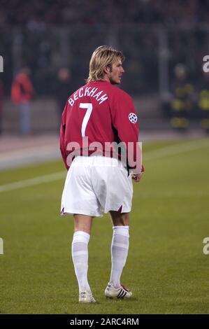 Torino Italia, 12 marzo 2003, Stadio "De Alpi", UEFA Champions League 2002/2003, FC Juventus- FC Manchester United: David Beckham durante la partita Foto Stock