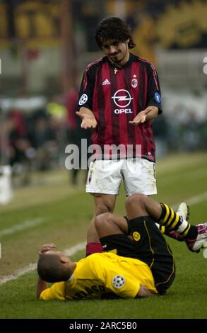 Milano Italia 18 marzo 2003, Stadio 'G.MEAZZA SAN SIRO', UEFA Champions League 2002/2003, AC Milan - Borussia Dortmund: Gennaro Gattuso e Marcio Amoroso durante la partita Foto Stock