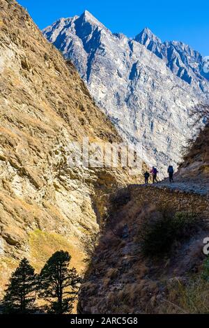 Un gruppo di escursionisti sul Sentiero Inferiore del circuito di Dampo in Nepal Himalaya Foto Stock