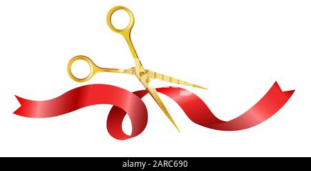 Forbici lucide oro per tagliare il nastro di seta rossa per la cerimonia di apertura Illustrazione Vettoriale
