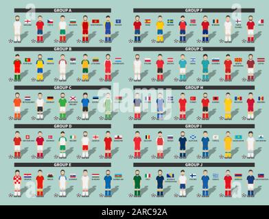 Sorteggi validi per il torneo europeo di calcio 2020 . Gruppo di squadre internazionali . Calciatore con maglia uniforme e bandiera . Sfondo a tema blu Illustrazione Vettoriale