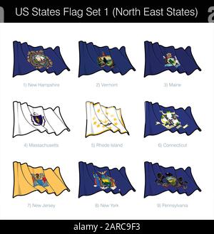 Stati Uniti che ondolano il vettore Flag icona Insieme - Nord Est. Il set comprende le bandiere del New Hampshire, Vermont, Maine, Massachusetts, Rode Island, Connectic Illustrazione Vettoriale