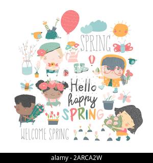 Set di cartoni animati per bambini ed elementi primaverili Illustrazione Vettoriale