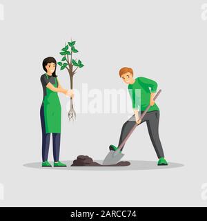 Coppia piantando albero piatto vettore illustrazione. Persone che fanno giardinaggio personaggi isolati cartoni animati, volontari che lavorano all'aperto insieme, pianeta verde. Uomo scavando e donna che tiene sapling Illustrazione Vettoriale