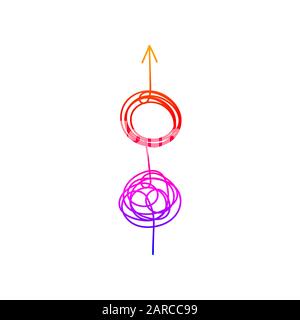 Groviglio aggrovigliato e saggrovigliato con freccia. Metafora astratta, concetto di soluzione dei problemi nel business, icona psicoterapia. Illustrazione del vettore Illustrazione Vettoriale