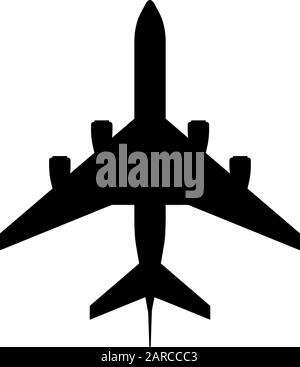 Grande aereo jet passeggeri con quattro motori icona nera. Vista dall'alto dell'aereo di volo dell'aviazione civile. Illustrazione del vettore piatto Illustrazione Vettoriale
