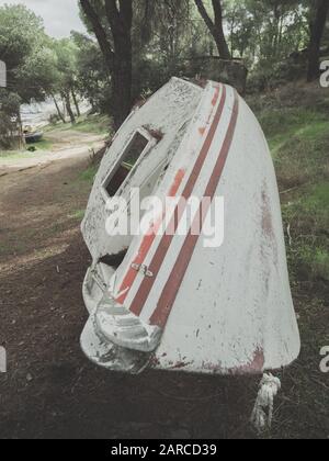 Colpo verticale di una barca arrugginita abbandonata in una foresta durante il giorno Foto Stock