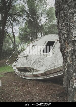 Colpo verticale di una barca arrugginita abbandonata in una foresta durante il giorno Foto Stock