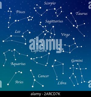 Costellazioni segni zodiacali su sfondo sfumatura blu Illustrazione Vettoriale