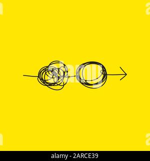 Groviglio aggrovigliato e saggrovigliato con freccia. Metafora astratta, concetto di soluzione dei problemi nel business, icona psicoterapia. Illustrazione del vettore Illustrazione Vettoriale