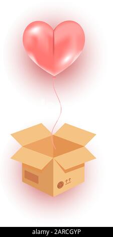 Apri cartone cartone cartone volare rosa cuore elio palloncino volare in aria. Regalo di compleanno a sorpresa, giorno delle madri, banner giorno delle feste di San Valentino Illustrazione Vettoriale