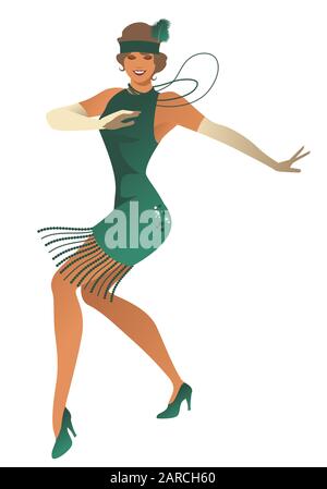 Divertente ragazza flapper indossare abiti vintage stile danza charleston isolato su sfondo bianco Illustrazione Vettoriale