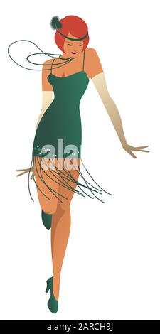 Divertente ragazza flapper indossare abiti vintage stile danza charleston isolato su sfondo bianco Illustrazione Vettoriale