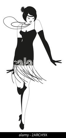 Divertente ragazza flapper indossare abiti vintage stile danza charleston isolato su sfondo bianco Illustrazione Vettoriale