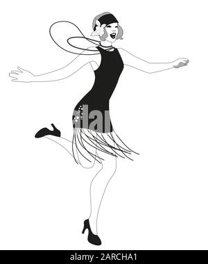 Divertente ragazza flapper indossare abiti vintage stile danza charleston isolato su sfondo bianco Illustrazione Vettoriale