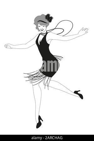 Divertente ragazza flapper indossare abiti vintage stile danza charleston isolato su sfondo bianco Illustrazione Vettoriale