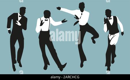 Silhouette di quattro eleganti uomo indossando abiti vintage danza retrò danza Illustrazione Vettoriale