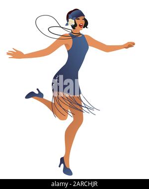 Divertente ragazza flapper indossare abiti vintage stile danza charleston isolato su sfondo bianco Illustrazione Vettoriale