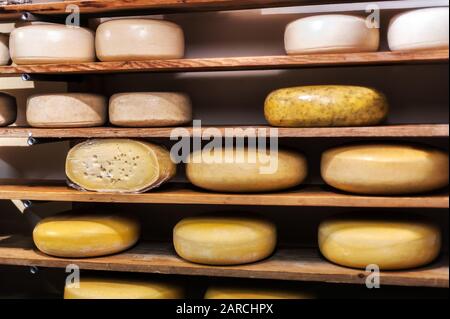 Formaggio olandese tradizionale esposto in vendita in un negozio di Amsterdam in Olanda. I Paesi Bassi producono una varietà di difficile o semi-difficile tentazione c Foto Stock