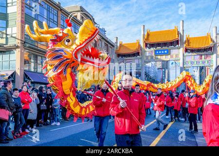Dragon Dance, Chinese Lunar New Year Parade, Chinatown, Vancouver, British Columbia, Canada Foto Stock