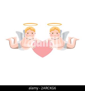 Illustrazione di San Valentino due piccoli angeli Cupido che tengono un cuore nelle loro mani su uno sfondo bianco isolato. Immagine vettoriale. Cartone Animato Illustrazione Vettoriale