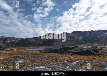 Lussureggiante paesaggio artico estivo sui fiordi della Groenlandia occidentale in una giornata di sole. Viaggia su acque profonde e pure tra il ciem dell'Artico. Foto Stock