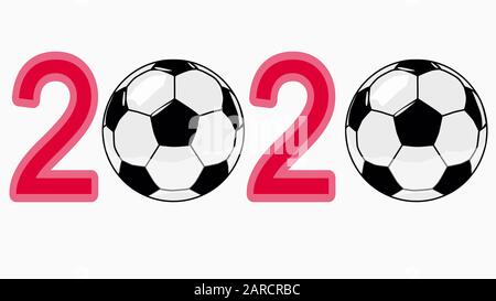 Scritta 2020 con palline da calcio, simbolo del campionato europeo di calcio Illustrazione Vettoriale