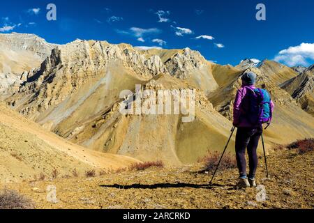 Un trekking femminile in Arido paesaggio di montagna sul Sentiero Inferiore del Dolpo in Himalaya nepalese, vicino al vilaggio di Dho Tarap Foto Stock