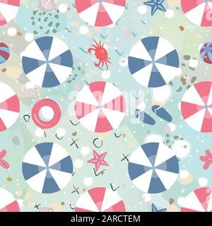 Spiaggia Seamless Pattern con ombrelloni, granchio, anello di gomma, ecc. Illustrazione Vettoriale Illustrazione Vettoriale