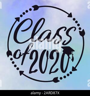 Classe 2020 con tappo graduato e cornice con frecce e punti su sfondo blu Foto Stock