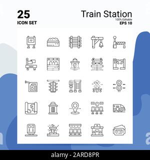 25 Set Di Icone Della Stazione Ferroviaria. File EPS 10 modificabili al 100%. Concetto di logo aziendale idee linea icona design Illustrazione Vettoriale