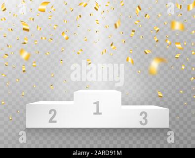 Podio realistico con oro confetti. Cerimonia di premiazione su sfondo trasparente. Piedistallo bianco con confetti cadenti. Sfondo vincente con effetto luce Illustrazione Vettoriale