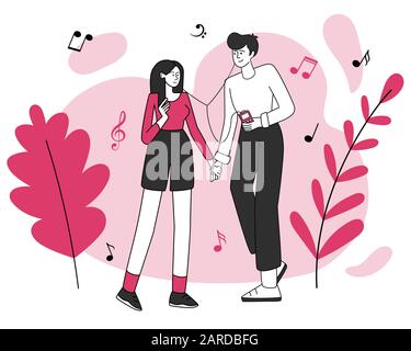 Coppia nell'illustrazione del vettore d'amore. Incontri, canzoni preferite, atmosfera romantica. Giovane coppia sorridente che tiene le mani, ragazzi felici maschili e femminili con le cuffie isolate flat contour caratteri Illustrazione Vettoriale