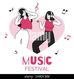 Le ragazze danzanti nella figura del vettore della cornice di figura di cuore. Festival di musica, festa in discoteca, evento. Giovani donne con cuffie, persone che ascoltano musica flat contour caratteri isolati su sfondo bianco Illustrazione Vettoriale