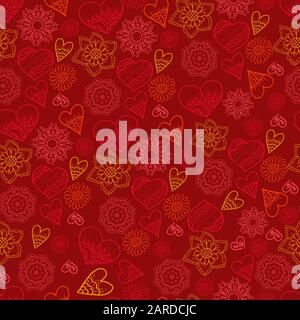 Modello di doodle senza cuciture. Fiori e cuori carini. Disegno a mano. Amore, sentimenti. San Valentino Illustrazione Vettoriale